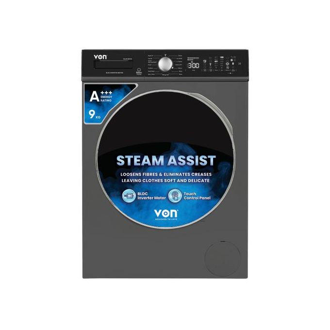 VON VALW-09FVK Front Load Washing Machine – 9Kg, Silver (1YR WRTY)