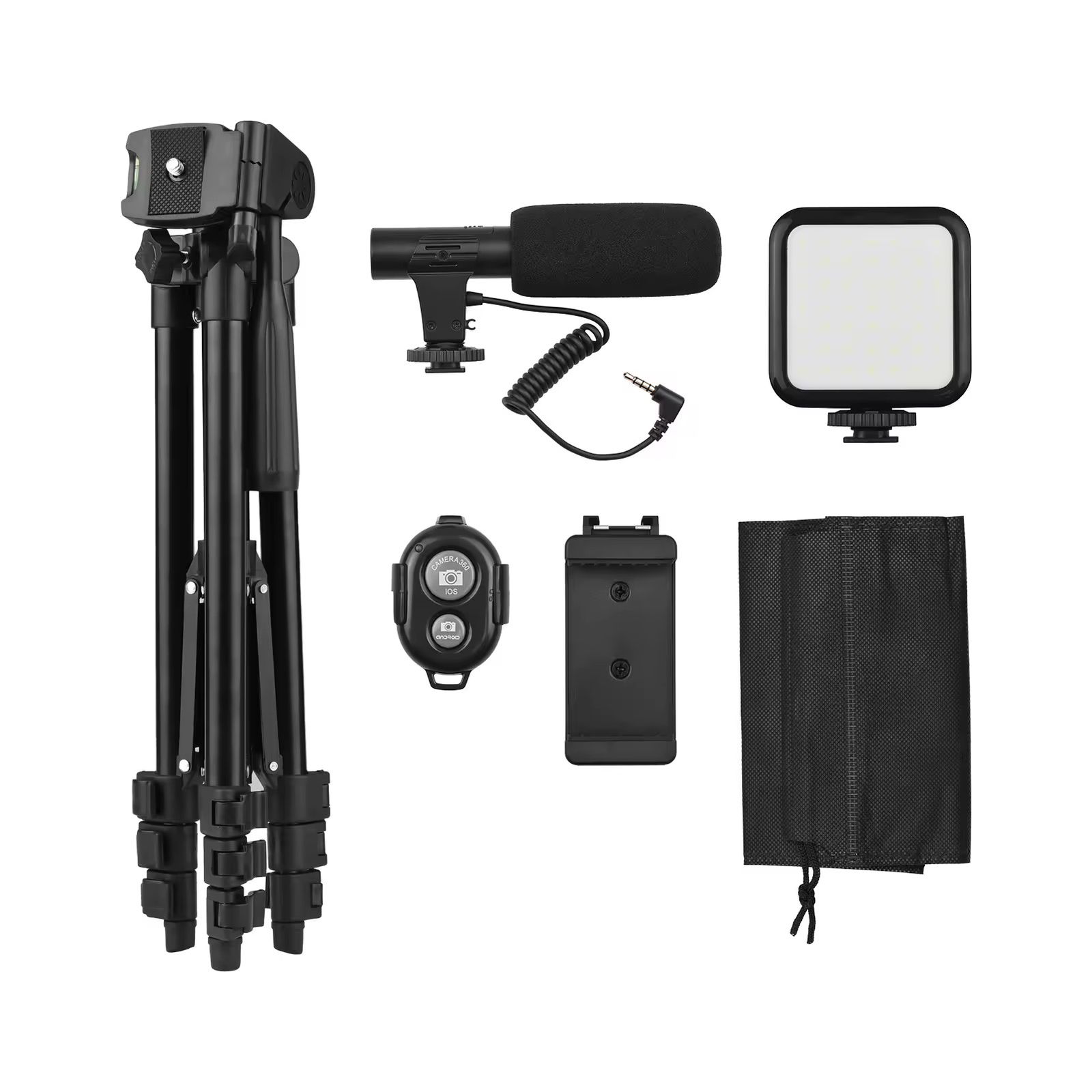 ✅Vlogging kit KIT-05LM with tripod Stand
✅Consist of▪️Tripod stand 
▪️cold shoe phone clamp 
▪️microphone 
▪️LED video light 
▪️Remote control
✅Height adjustment tripod - can be adjusted to 35-85cms