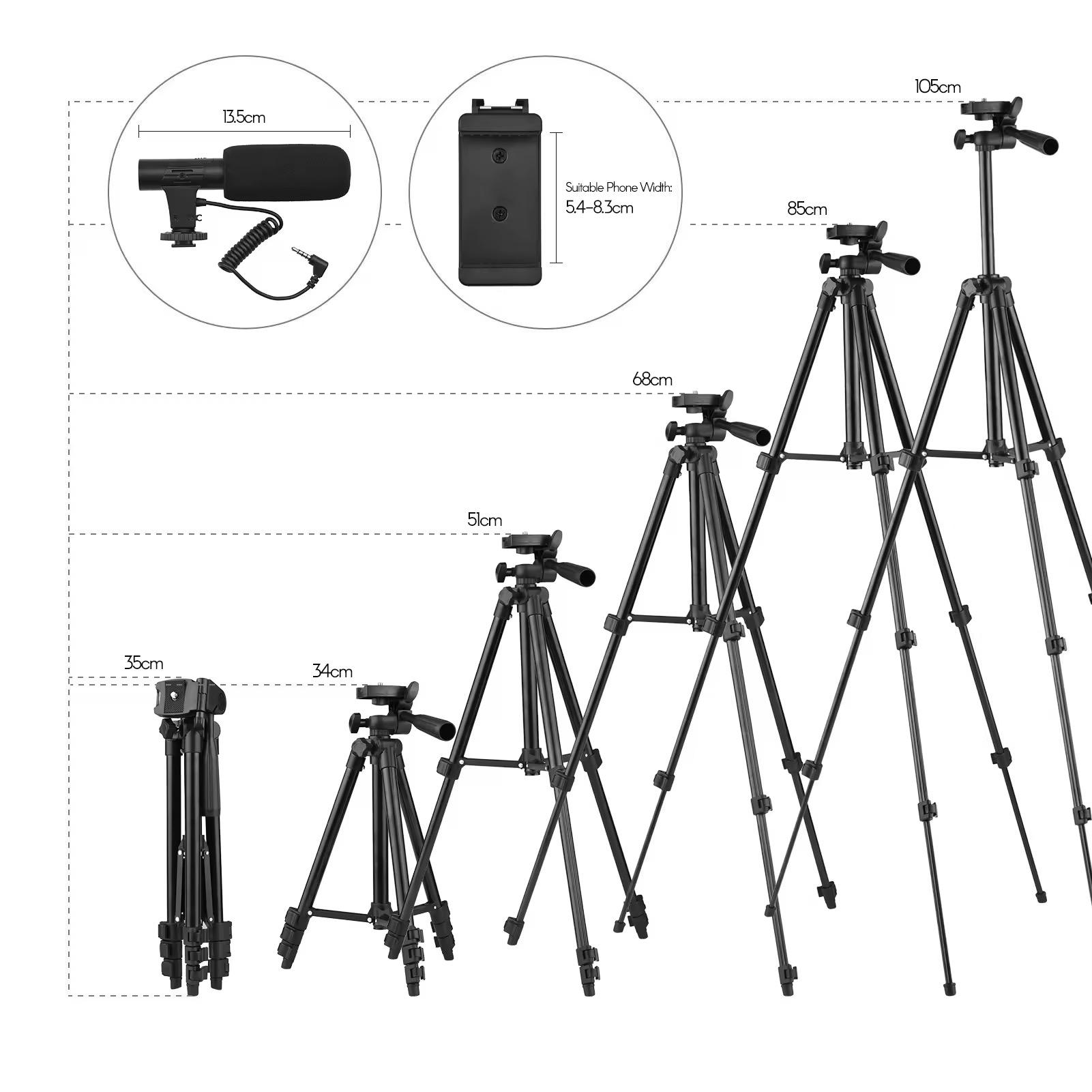 ✅Vlogging kit KIT-05LM with tripod Stand
✅Consist of▪️Tripod stand 
▪️cold shoe phone clamp 
▪️microphone 
▪️LED video light 
▪️Remote control
✅Height adjustment tripod - can be adjusted to 35-85cms