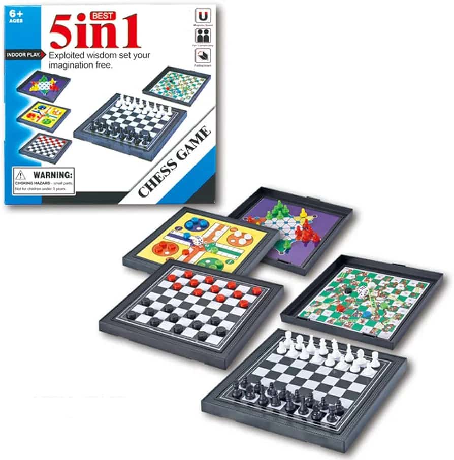 🎲 5-in-1 Classic Board Game Set – Chess, Checkers & More (Indoor Family Game)
✔ 5 exciting games in one set
✔ Includes Chess, Checkers, Ludo, Snakes & Ladders and more
✔ Foldable board