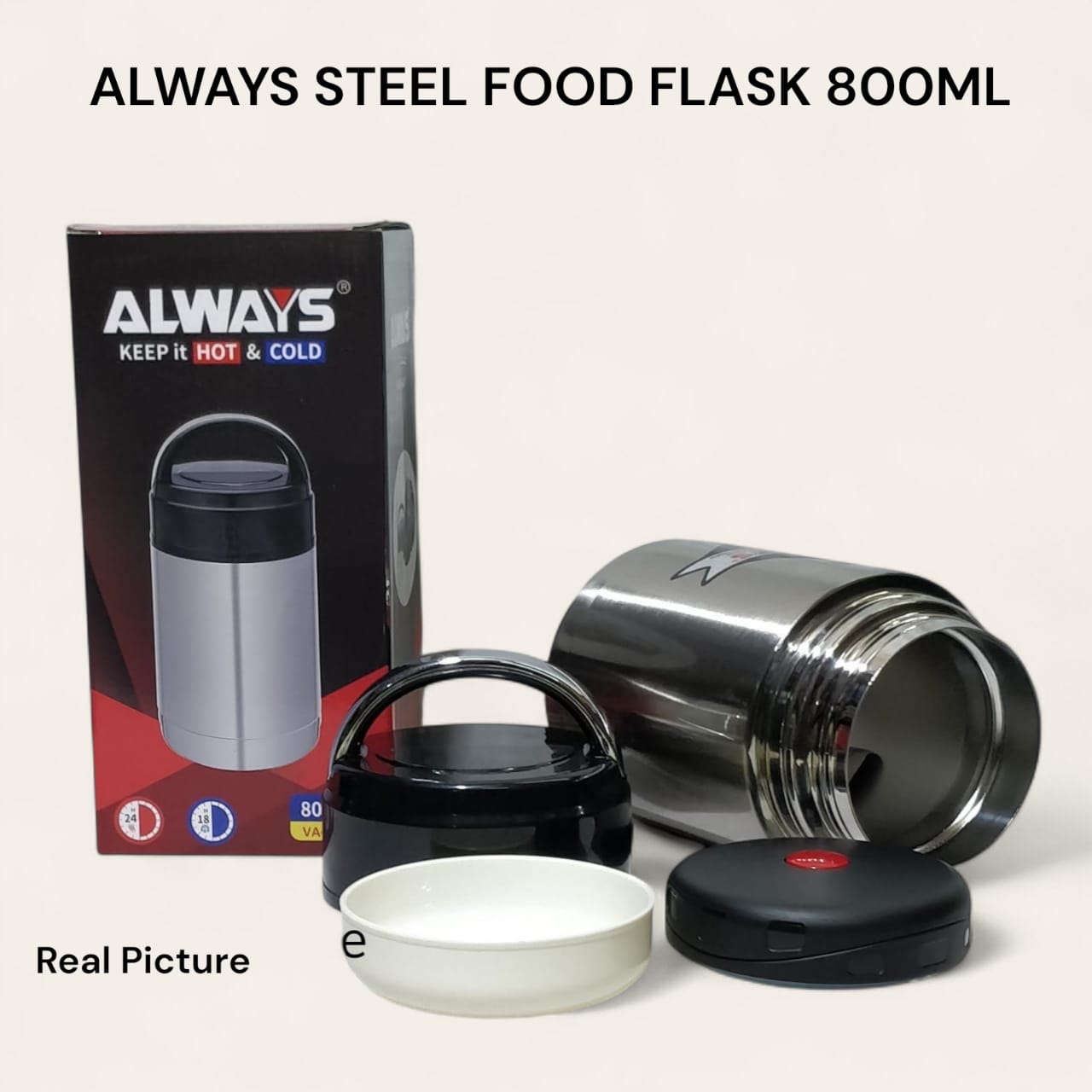 Always Steel Food Flask – 800mlKeep your meals hot or cold for hours with the Always Stainless Steel Food Flask — perfect for school, work, or travel
Capacity: 800ml – ideal for single serving of food