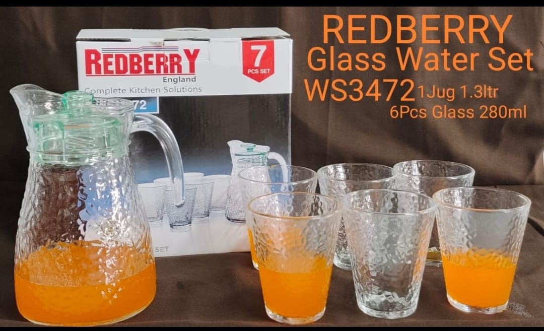 Redberry 7Pcs Glass Water Set  Complete 7-piece water set for everyday use
✔️ 1Pc glass jug with 1.3Ltrs capacity – ideal for serving water or juice
✔️ 6Pcs glass tumblers with 280ml capacity each