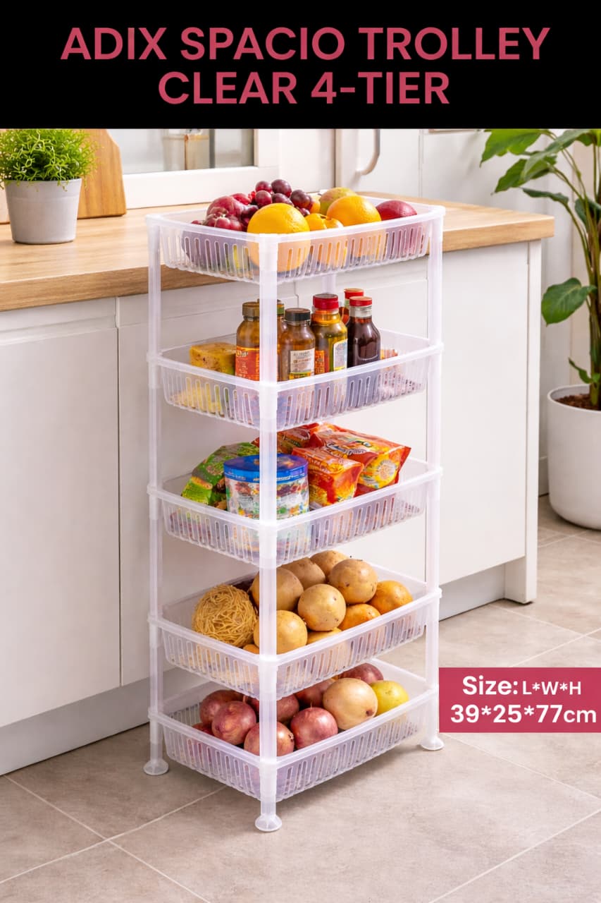 🧺 ADIX Spacio 4-Tier Storage Trolley – Multi-Purpose Kitchen Organizer Rack.Durable & Strong Plastic.Ventilated Basket Design.Compact Space-Saving Size.Multi-Purpose Use.Easy to Assemble