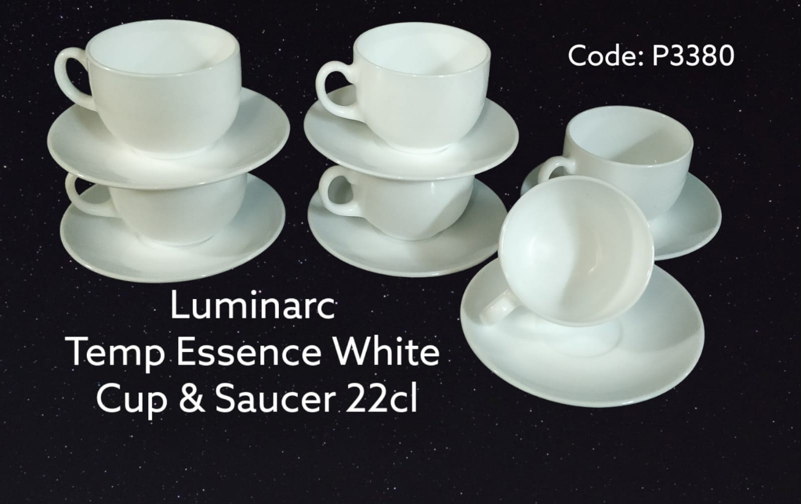 ☕ Luminarc Temp Essence White Cup & Saucer Set – 22cl Elegant Tea/Coffee Cups
Serve your tea or coffee in style with the Luminarc Temp Essence Cup & Saucer Set (22cl). Designed with a clean, modern