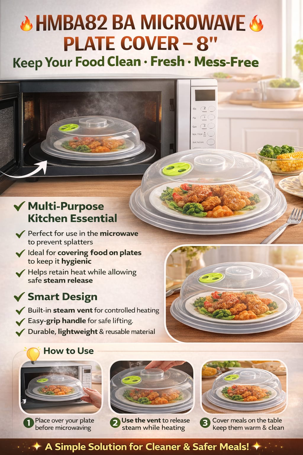🍽️ 8" Microwave Plate Cover – Food Splatter Guard with Steam Vent Lid
Keep your microwave clean and your food fresh with this 8-inch microwave plate cover. Designed to prevent mess and retain heat,