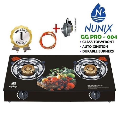 Nunix Two Burner Tampered Glass Gas Stove Cooker + Regulator+ Pipe