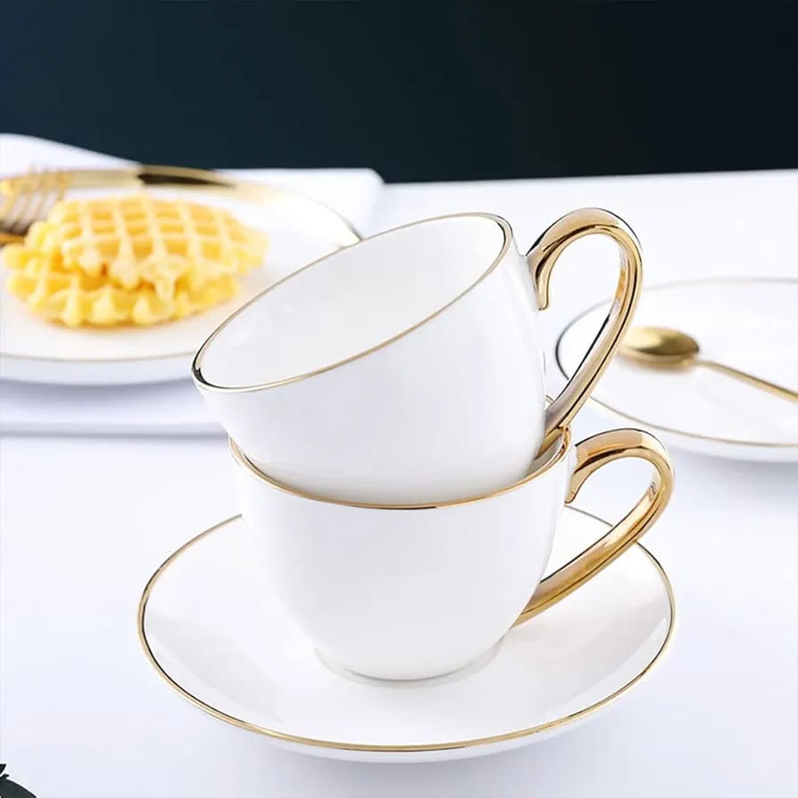 Tea Cups and Saucers, Set of 6 (7 oz) with Gold Trim, Cappuccino Cups, Coffee Cups, White Tea Cup Set, British Coffee Cups, Porcelain Tea Set, Latte Cups