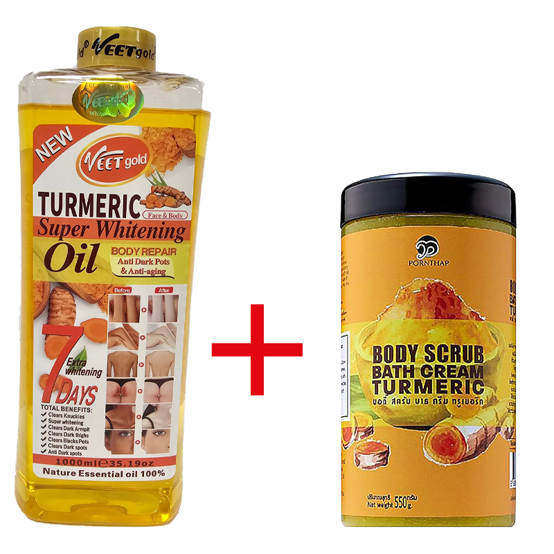 2 Packs Porntharp Body Scrub 550g + Veet Gold Turmeric Oil Super Whitening Skin Repair Anti-Aging Removes Wrinkles Dark Spots & Smooths Clears Knuckles PornThap Premium Organic Exfoliating Body Scrub