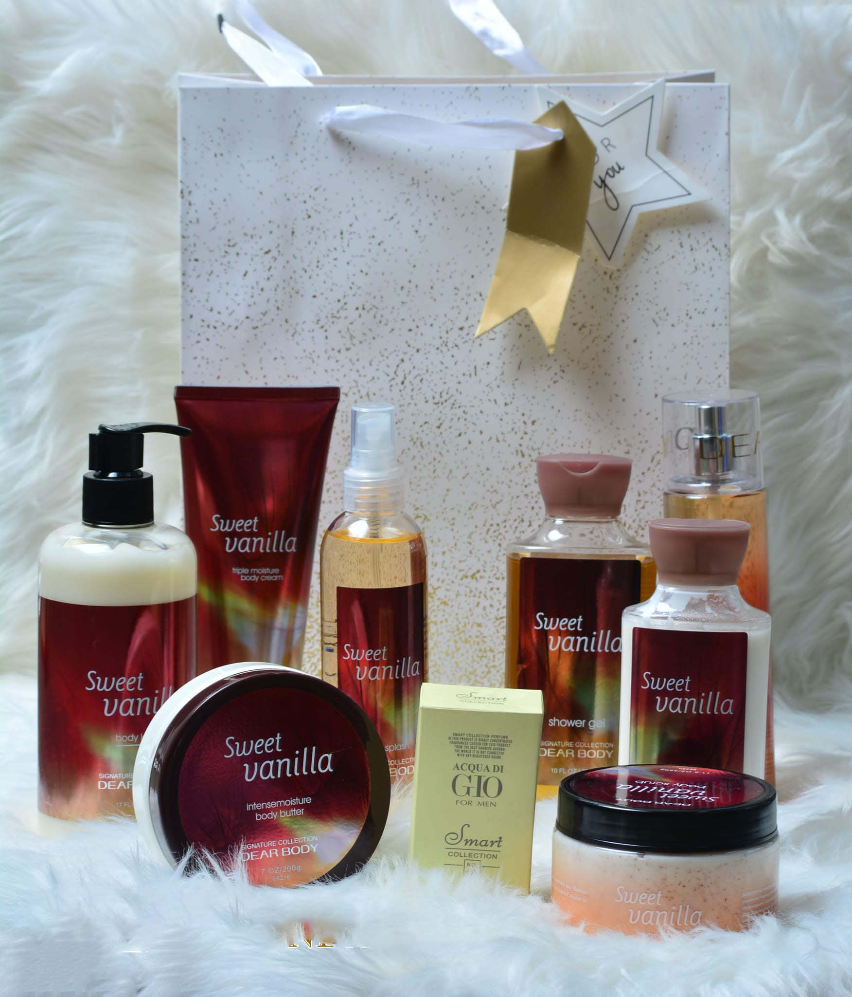 8 Pack Dear Body Sweet Vanilla Set - Pump Lotion, Shower Gel, Body Splash, Body Cream, Body Mist, Body Scrub, Small Lotion and Body Butter Fresh Body Washes Body Luxuries Signature Collection Sprays