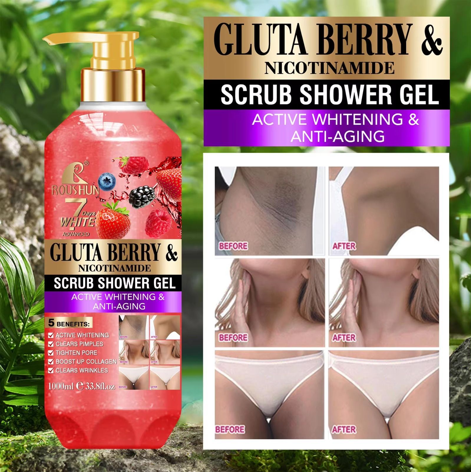 ROUSHUN Gluta Berry Scrub Shower Gel 1000ml Clean Skin Moisten Water Replenishing Long Lasting Fragrance Whitening Bubble Exfoliator Firms, Brightens, Moisturizes, Fade Dark Spots, Lightens 500ml