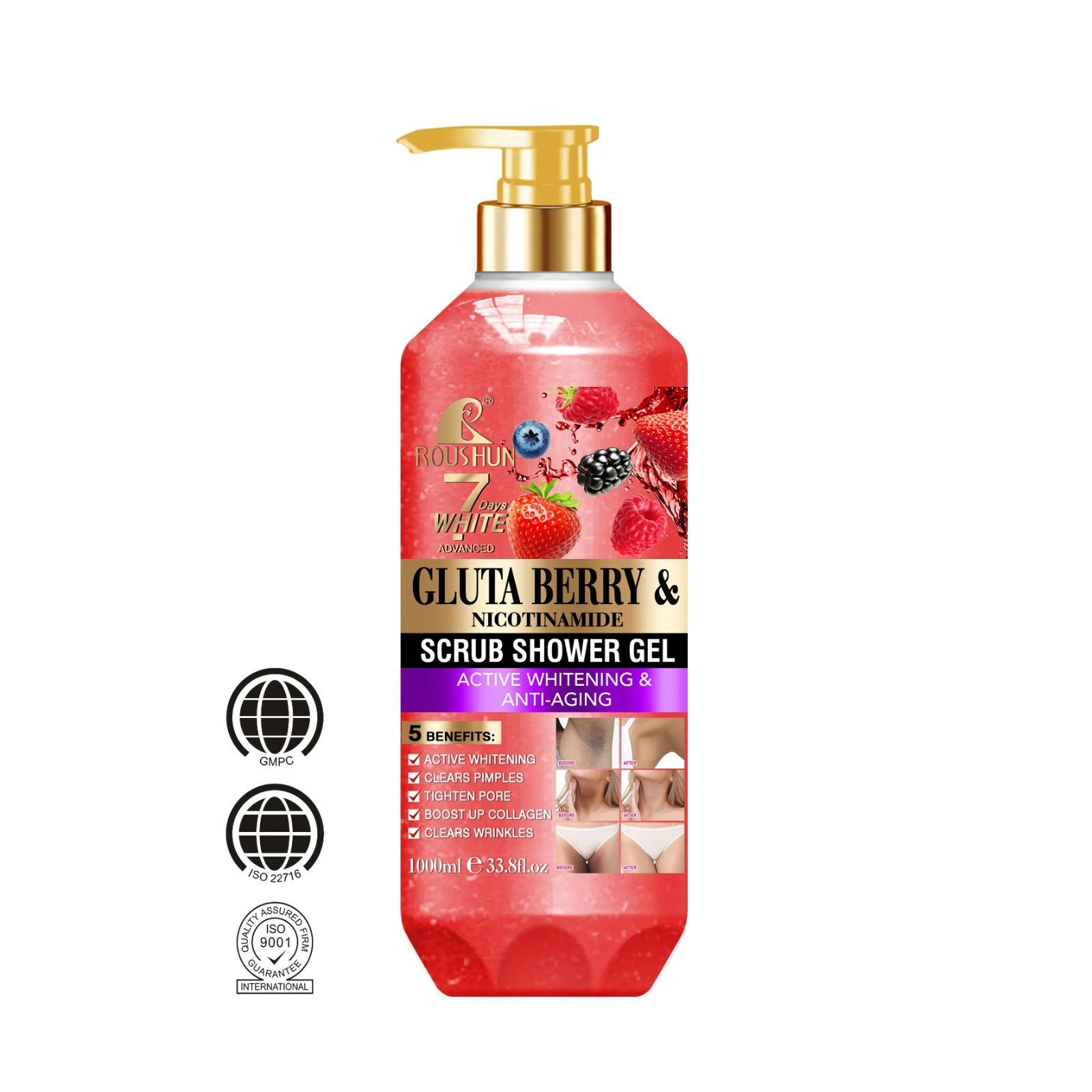 ROUSHUN Gluta Berry Scrub Shower Gel 1000ml Clean Skin Moisten Water Replenishing Long Lasting Fragrance Whitening Bubble Exfoliator Firms, Brightens, Moisturizes, Fade Dark Spots, Lightens 500ml