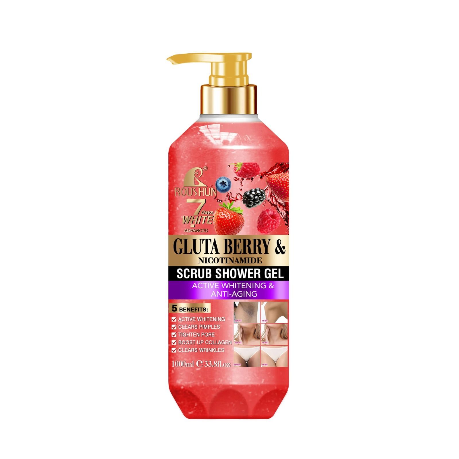 ROUSHUN Gluta Berry Scrub Shower Gel 1000ml Clean Skin Moisten Water Replenishing Long Lasting Fragrance Whitening Bubble Exfoliator Firms, Brightens, Moisturizes, Fade Dark Spots, Lightens 500ml