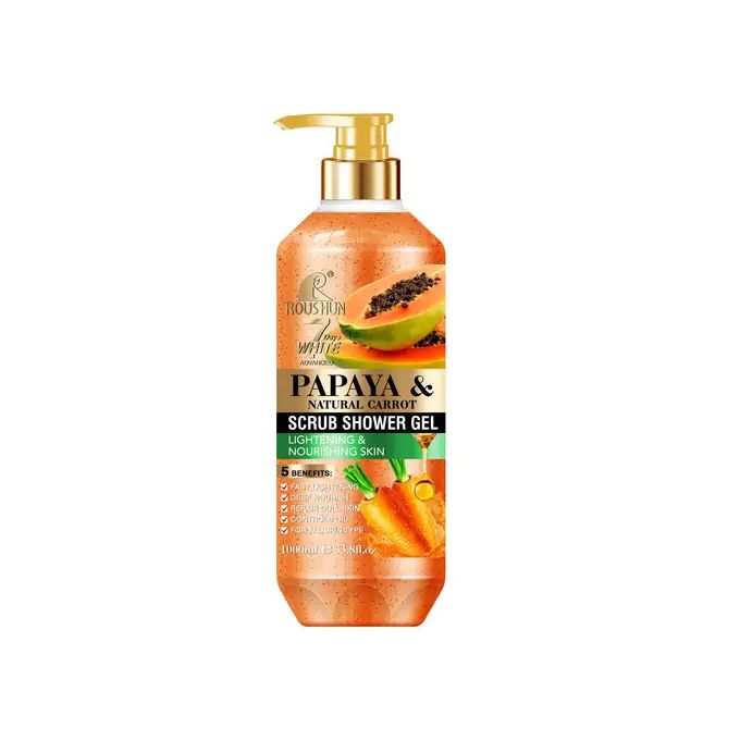 Roushun 7 Days Papaya and Carrot Scrub Shower Gel 1000 ml Removes Acnes Clear Pimples Cleans and Hydrates Glow and Shine rbutin And Kojic Acid Scrub Shower Gel 1000 ml