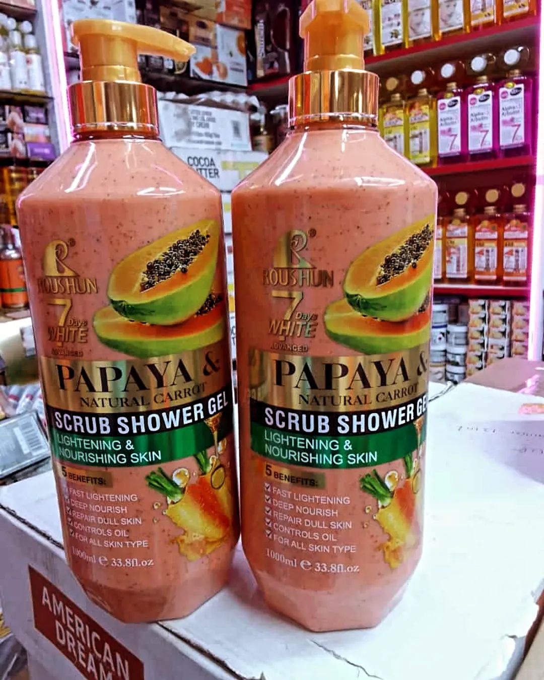 Roushun 7 Days Papaya and Carrot Scrub Shower Gel 1000 ml Removes Acnes Clear Pimples Cleans and Hydrates Glow and Shine rbutin And Kojic Acid Scrub Shower Gel 1000 ml