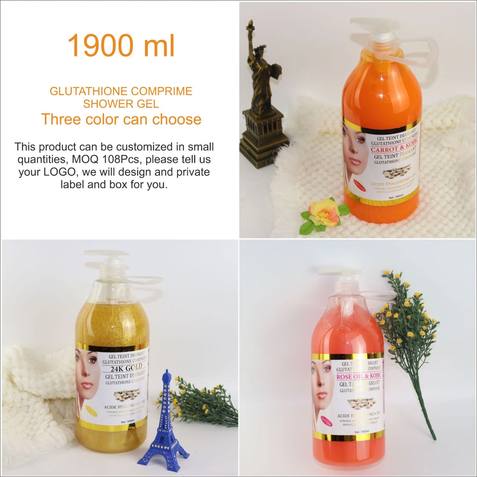 Gel Teint Diamant Rose Oil & Kojic High Concentration Vitamin C Dark Spots Corrector Lightening Strong Whitening Deep Cleaning Shower Gel 1900ml Body Corrector Nourishing and Hydrating