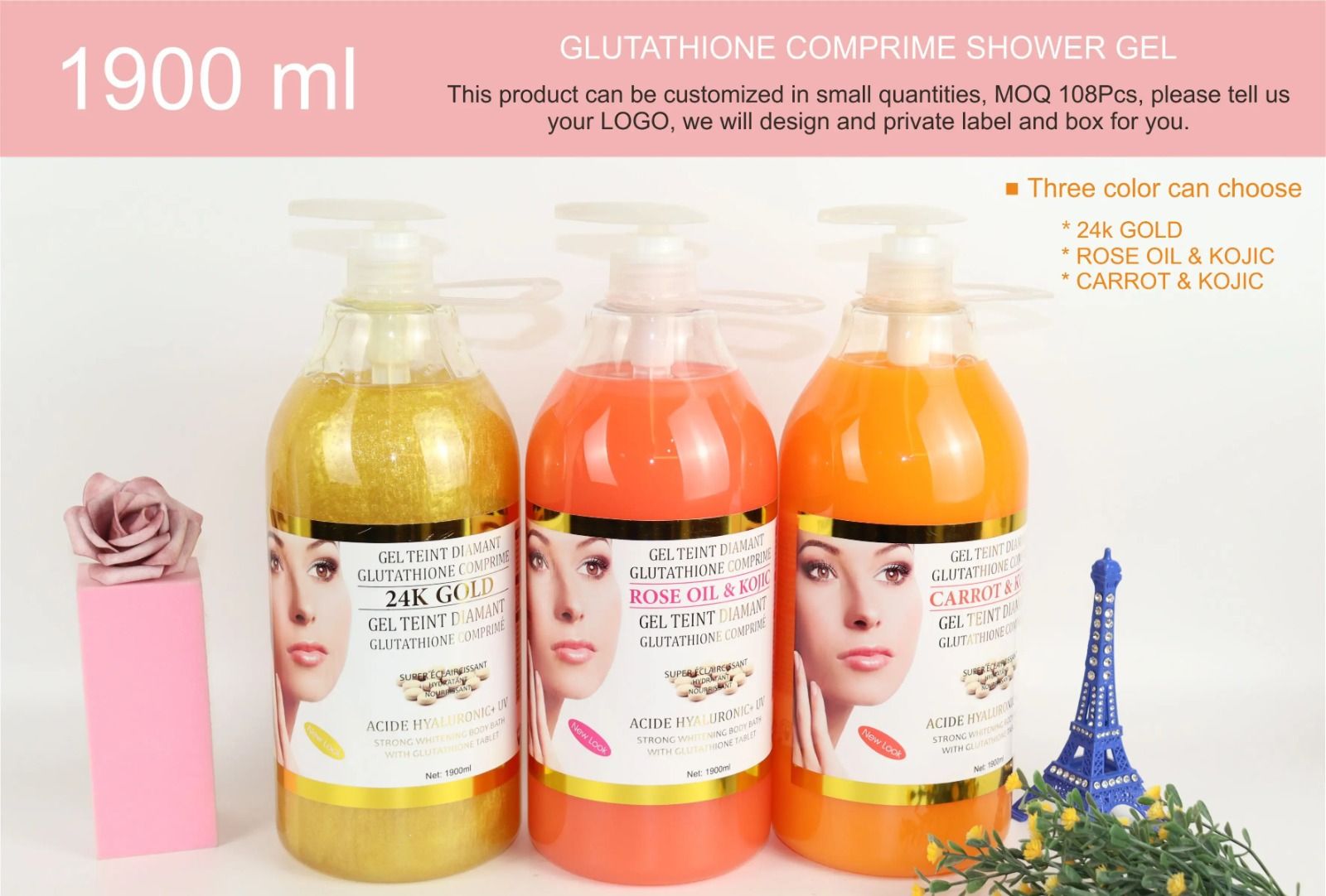 Gel Teint Diamant Rose Oil & Kojic High Concentration Vitamin C Dark Spots Corrector Lightening Strong Whitening Deep Cleaning Shower Gel 1900ml Body Corrector Nourishing and Hydrating