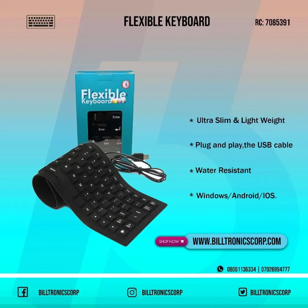 Flexible Keyboard Water Resistant Made From Silicone Soft Keys Durable and Virtually Indestructible Bendable Materials Flexible Keyboard Water Resistant Made From Silicone Soft Keys Durable and Virtua