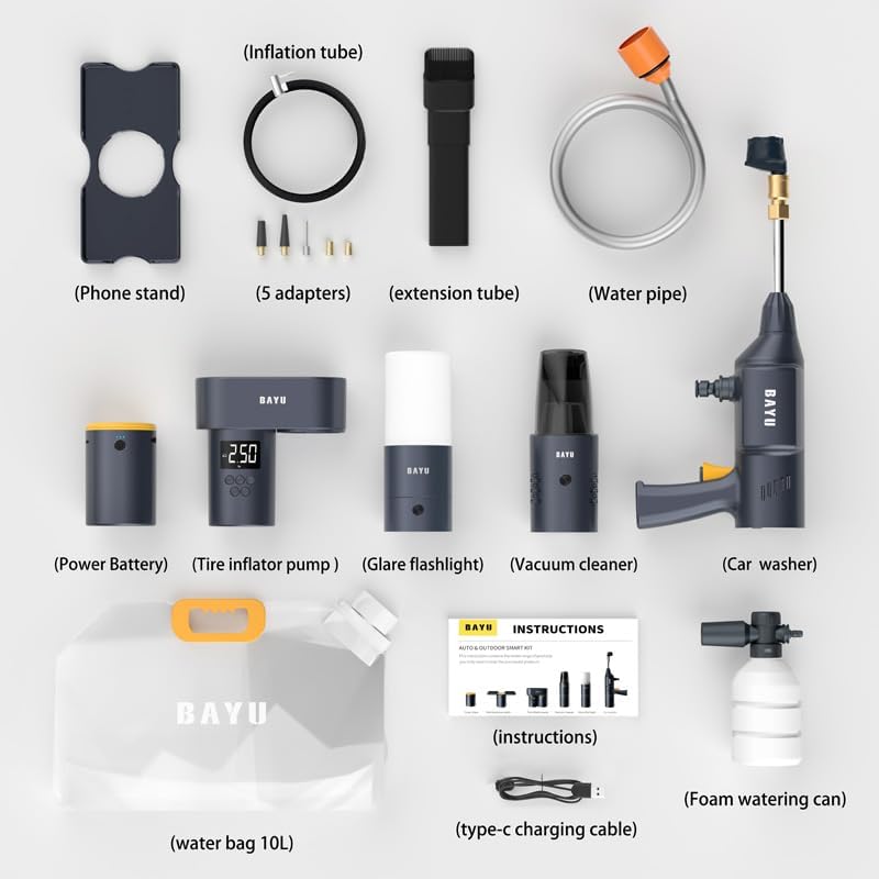 12 Pack BAYU Portable Auto and Outdoor Smart Kit Model I-192B  Tire inflator - Vacuum Cleaner - Car washer - Flashlight - Mobile Phone Holder - Power Bank (19200mah) - 10L Water Bag - Extension Tube