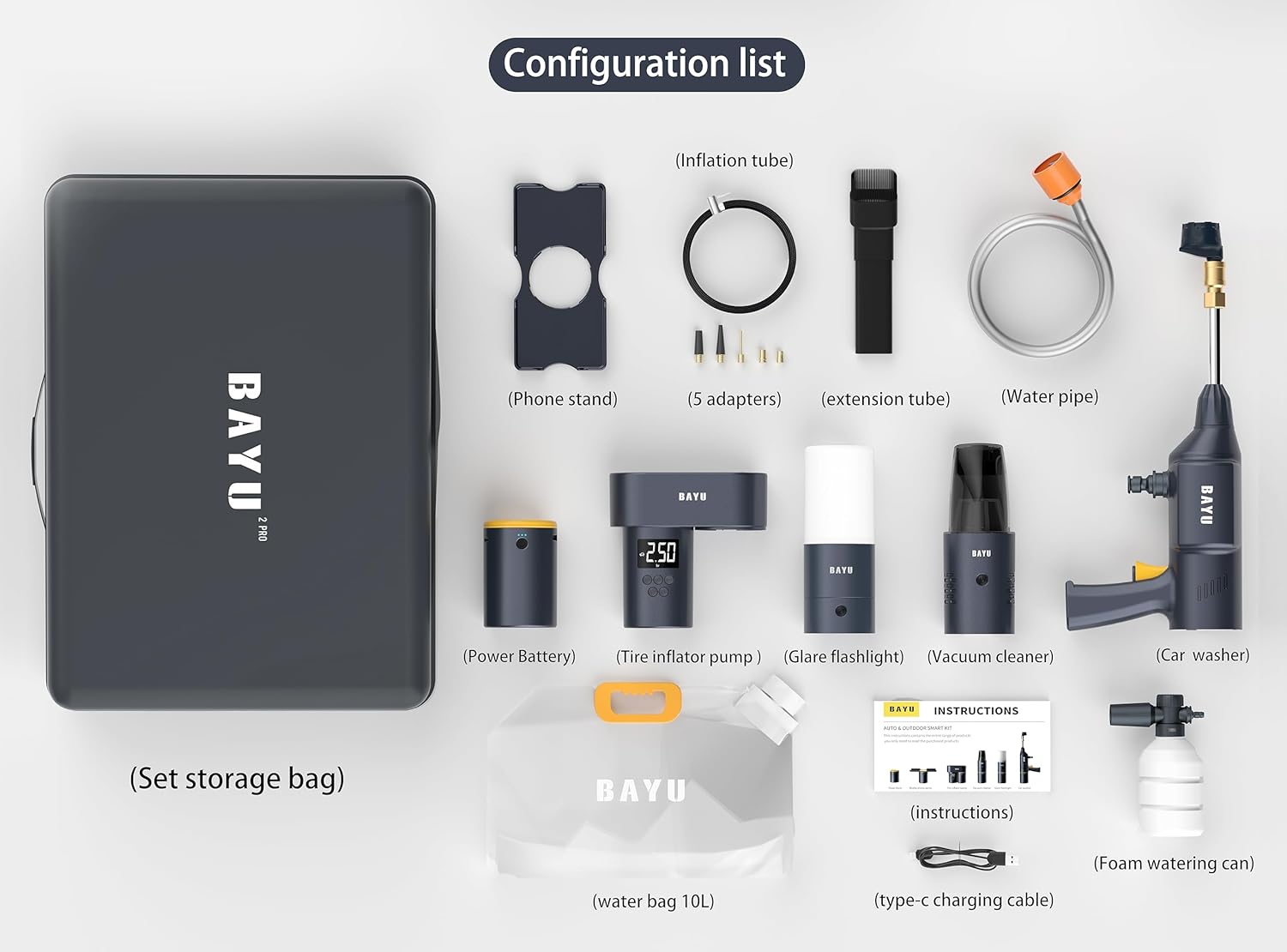 12 Pack BAYU Portable Auto and Outdoor Smart Kit Model I-192B  Tire inflator - Vacuum Cleaner - Car washer - Flashlight - Mobile Phone Holder - Power Bank (19200mah) - 10L Water Bag - Extension Tube
