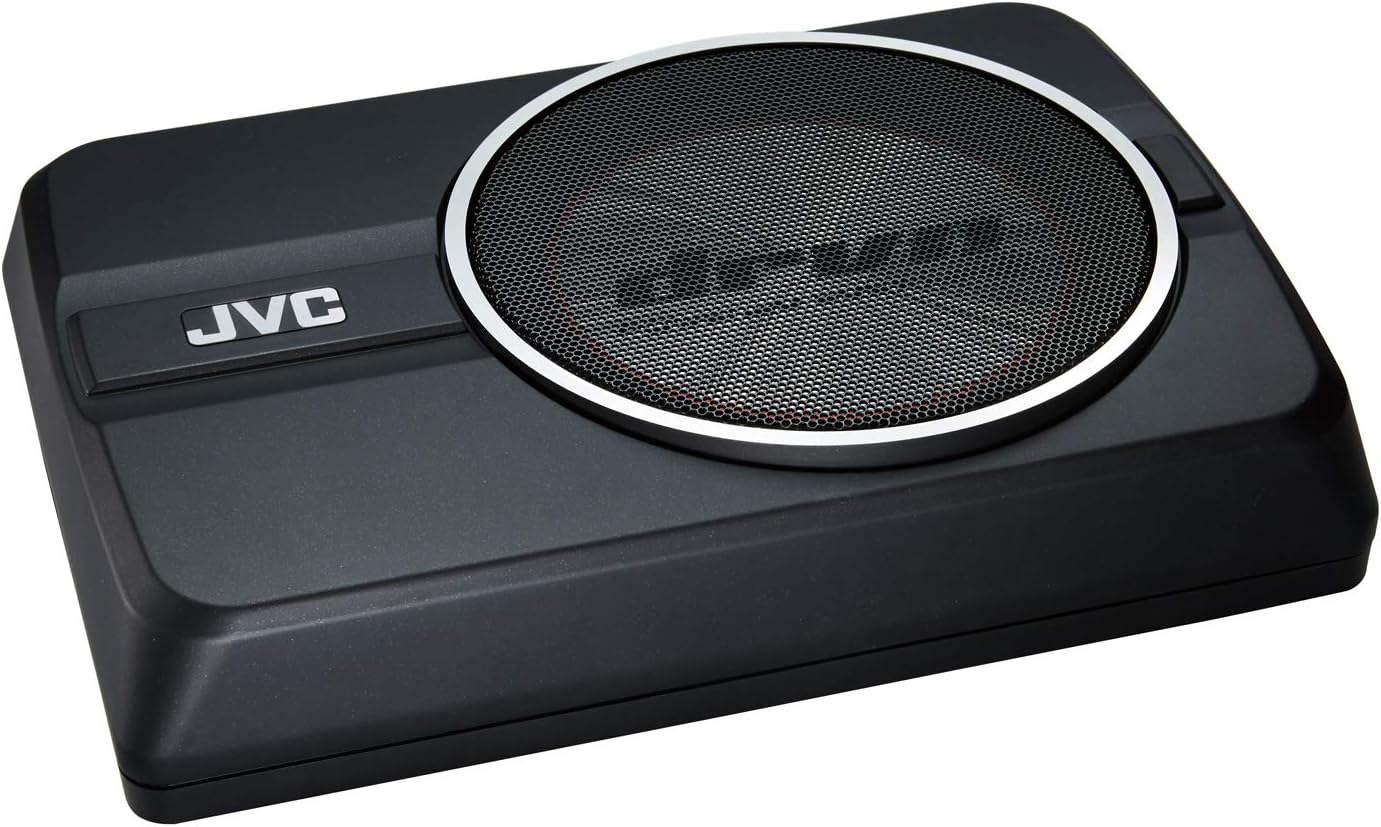 JVC CW-DRA8 Underseat Car Compact Powerful Subwoofer 250-watt Class D Amplifier, Shallow Profile 8 Inch Sub, Aluminum Enclosure for Deep Bass, Wired Remote, Compact Design, Easy Installation