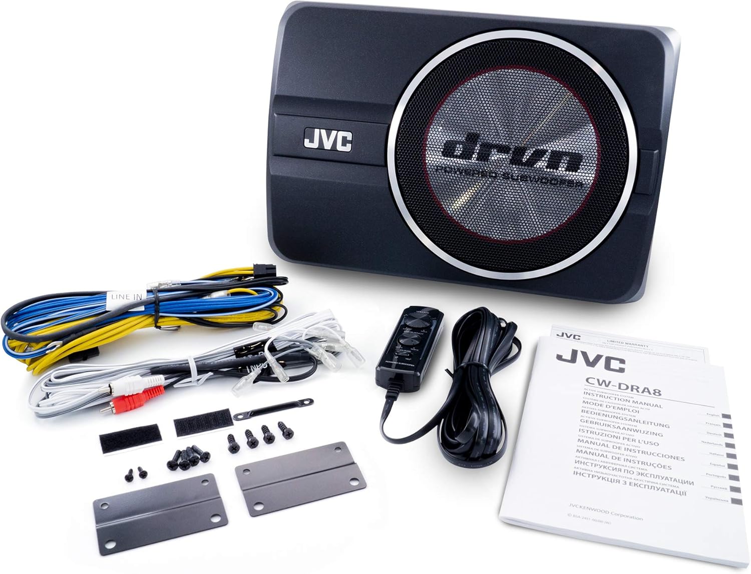 JVC CW-DRA8 Underseat Car Compact Powerful Subwoofer 250-watt Class D Amplifier, Shallow Profile 8 Inch Sub, Aluminum Enclosure for Deep Bass, Wired Remote, Compact Design, Easy Installation