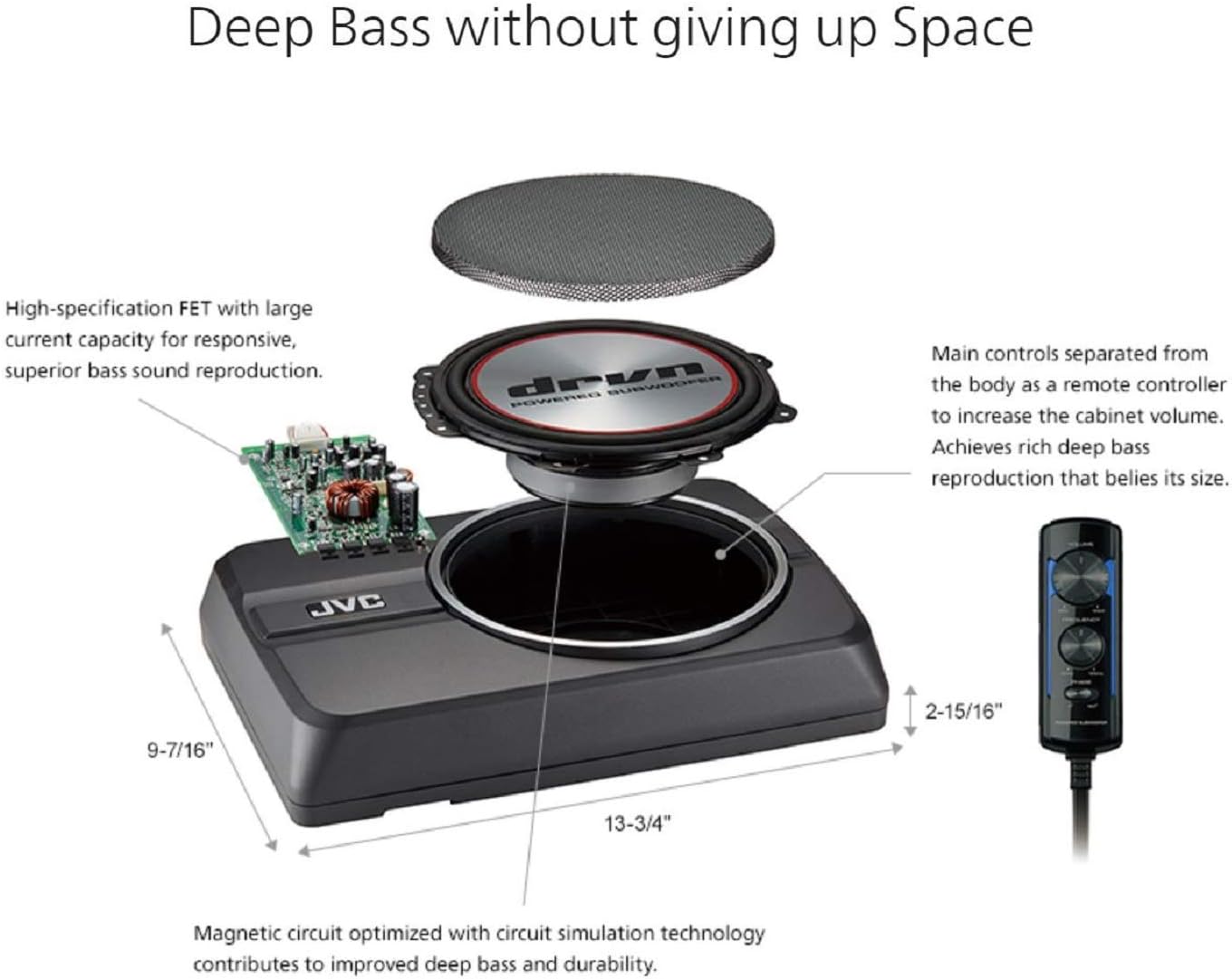 JVC CW-DRA8 Underseat Car Compact Powerful Subwoofer 250-watt Class D Amplifier, Shallow Profile 8 Inch Sub, Aluminum Enclosure for Deep Bass, Wired Remote, Compact Design, Easy Installation