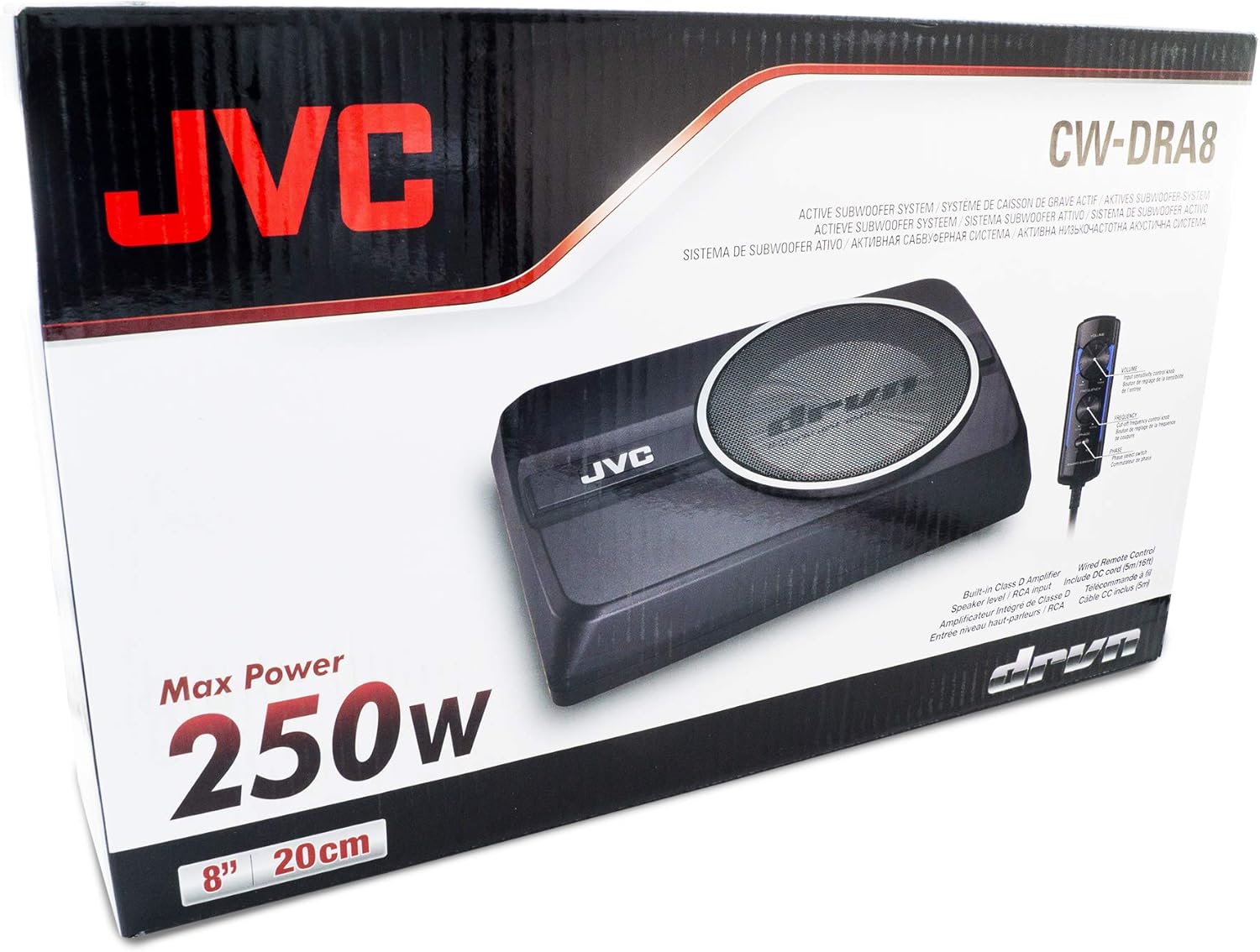 JVC CW-DRA8 Underseat Car Compact Powerful Subwoofer 250-watt Class D Amplifier, Shallow Profile 8 Inch Sub, Aluminum Enclosure for Deep Bass, Wired Remote, Compact Design, Easy Installation