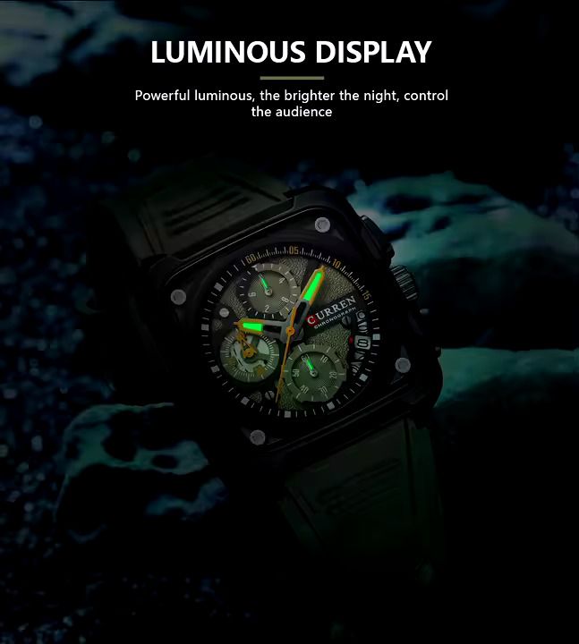 Curren Men's Waterproof Chronograph Watch with Silicone Strap, 8442 Men's Standard Stainless Steel Lobster Claw Clasp Square Quartz Watches Mens Luminous Fashion Sports Stainless Steel Wristwatch