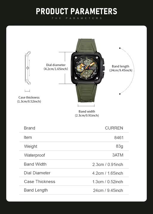 Curren Men's Waterproof Chronograph Watch with Silicone Strap, 8442 Men's Standard Stainless Steel Lobster Claw Clasp Square Quartz Watches Mens Luminous Fashion Sports Stainless Steel Wristwatch