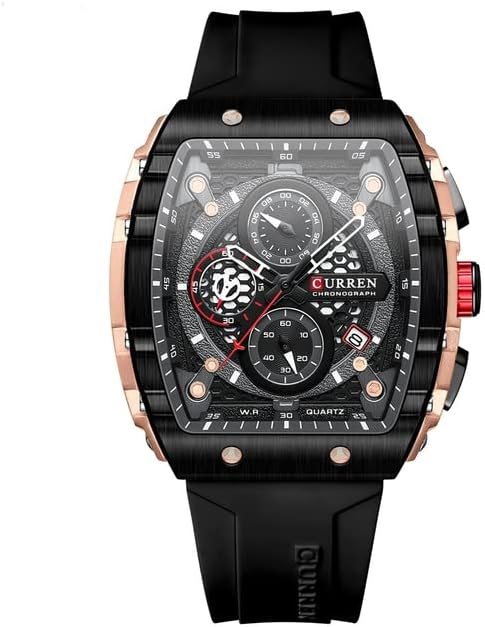 Curren Men's Waterproof Chronograph Watch with Silicone Strap, 8442 Men's Standard Stainless Steel Lobster Claw Clasp Square Quartz Watches Mens Luminous Fashion Sports Stainless Steel Wristwatch