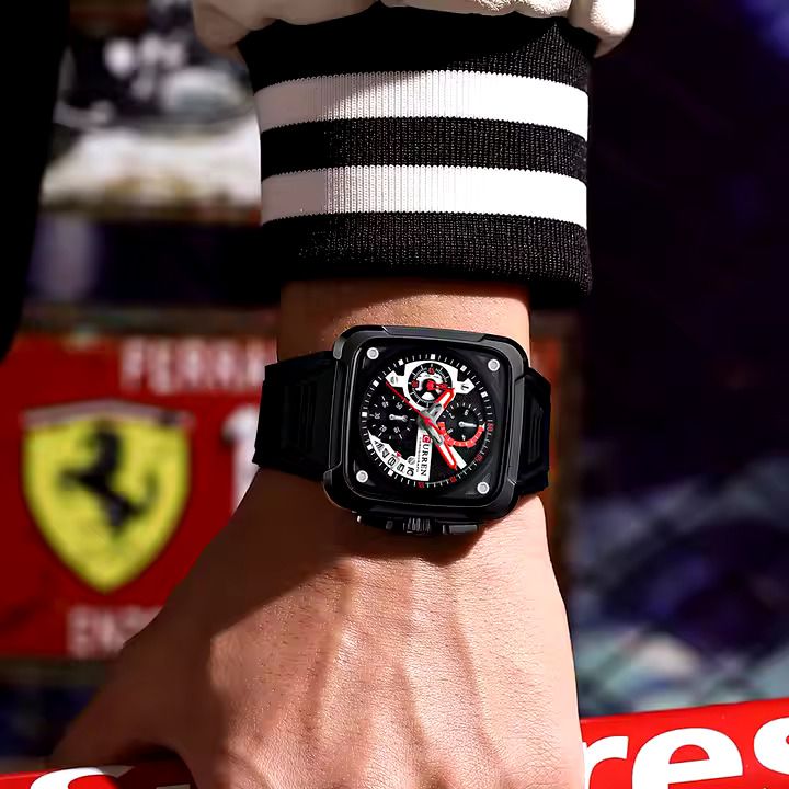 Curren Men's Waterproof Chronograph Watch with Silicone Strap, 8442 Men's Standard Stainless Steel Lobster Claw Clasp Square Quartz Watches Mens Luminous Fashion Sports Stainless Steel Wristwatch
