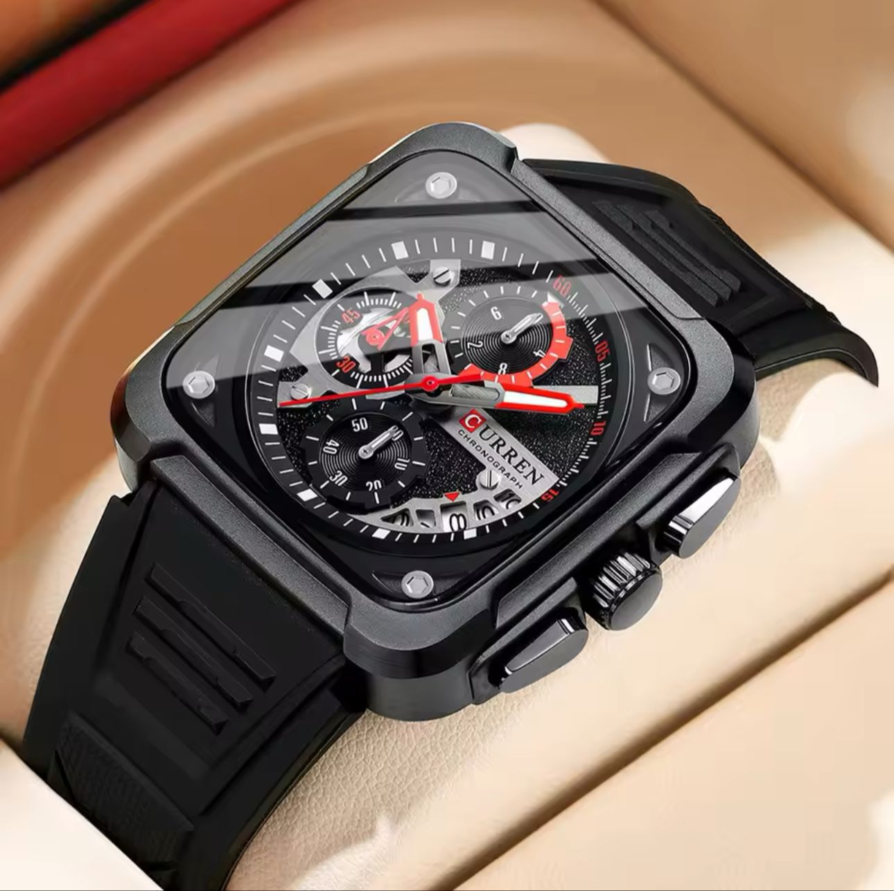 Curren Men's Waterproof Chronograph Watch with Silicone Strap, 8442 Men's Standard Stainless Steel Lobster Claw Clasp Square Quartz Watches Mens Luminous Fashion Sports Stainless Steel Wristwatch
