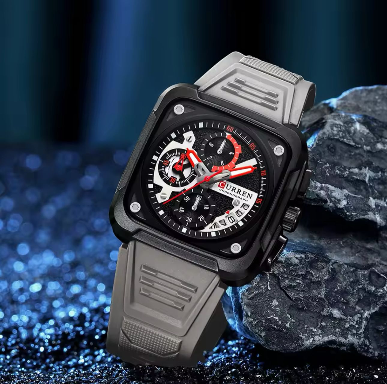 Curren Men's Waterproof Chronograph Watch with Silicone Strap, 8442 Men's Standard Stainless Steel Lobster Claw Clasp Square Quartz Watches Mens Luminous Fashion Sports Stainless Steel Wristwatch