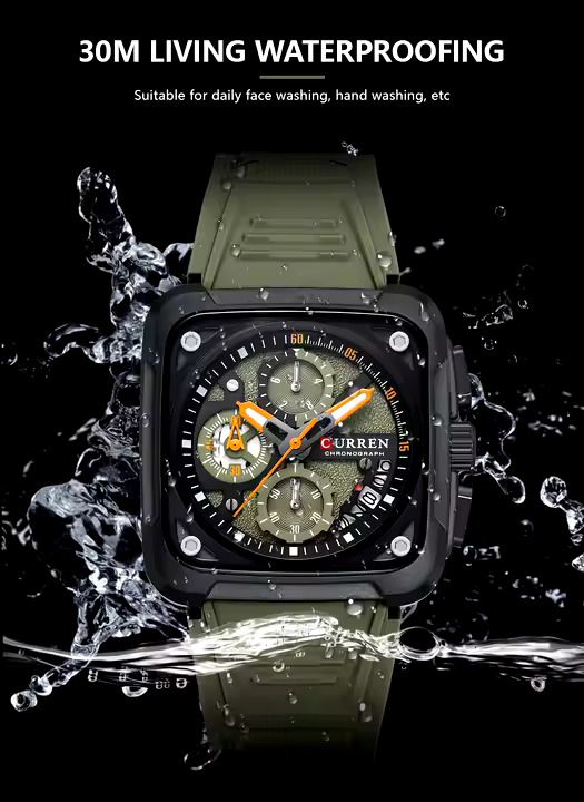 Curren Men's Waterproof Chronograph Watch with Silicone Strap, 8442 Men's Standard Stainless Steel Lobster Claw Clasp Square Quartz Watches Mens Luminous Fashion Sports Stainless Steel Wristwatch
