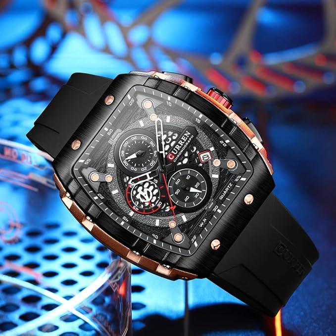 Curren Men's Waterproof Chronograph Watch with Silicone Strap, 8442 Men's Standard Stainless Steel Lobster Claw Clasp Square Quartz Watches Mens Luminous Fashion Sports Stainless Steel Wristwatch