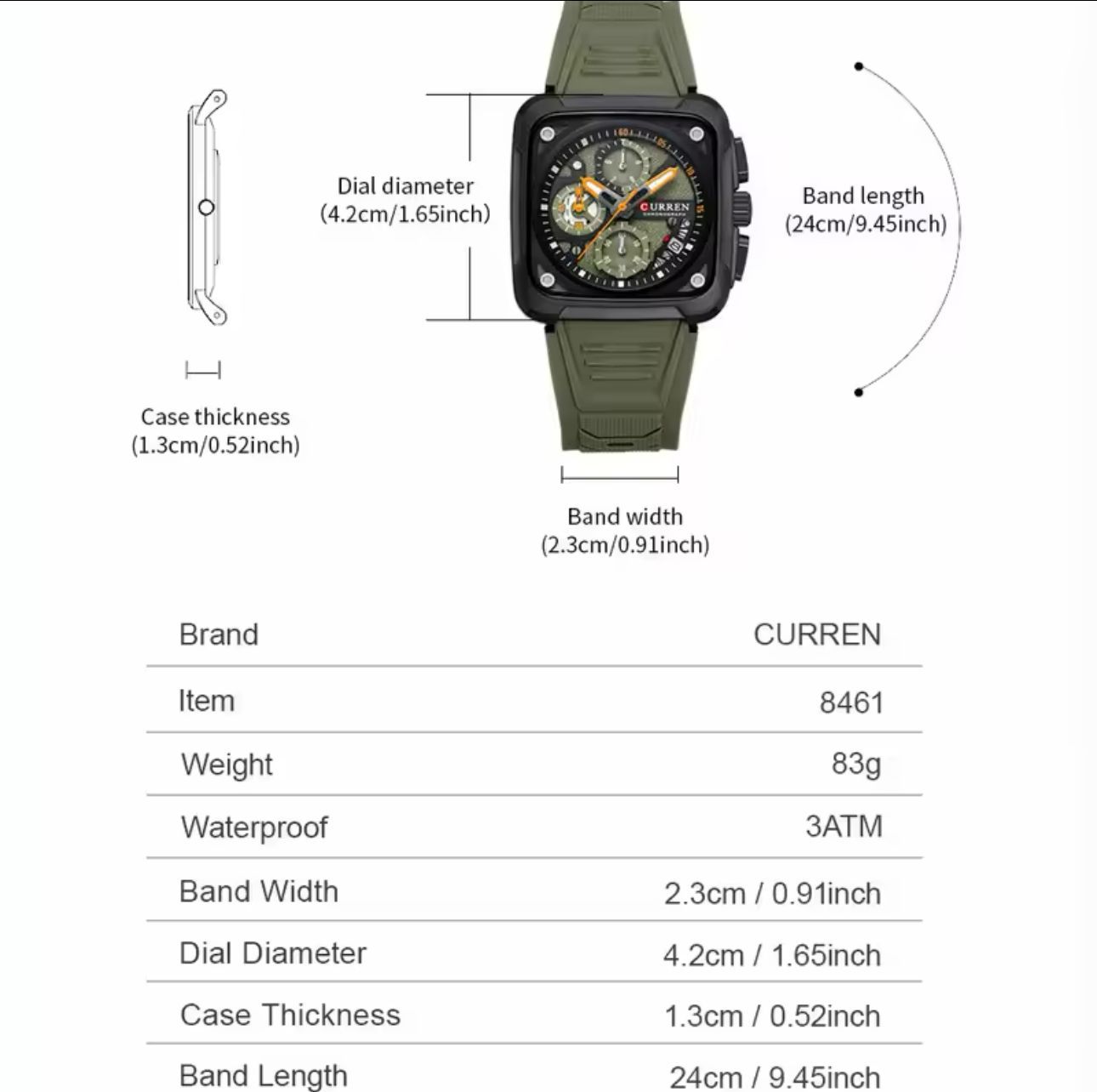 Curren Men's Waterproof Chronograph Watch with Silicone Strap, 8442 Men's Standard Stainless Steel Lobster Claw Clasp Square Quartz Watches Mens Luminous Fashion Sports Stainless Steel Wristwatch