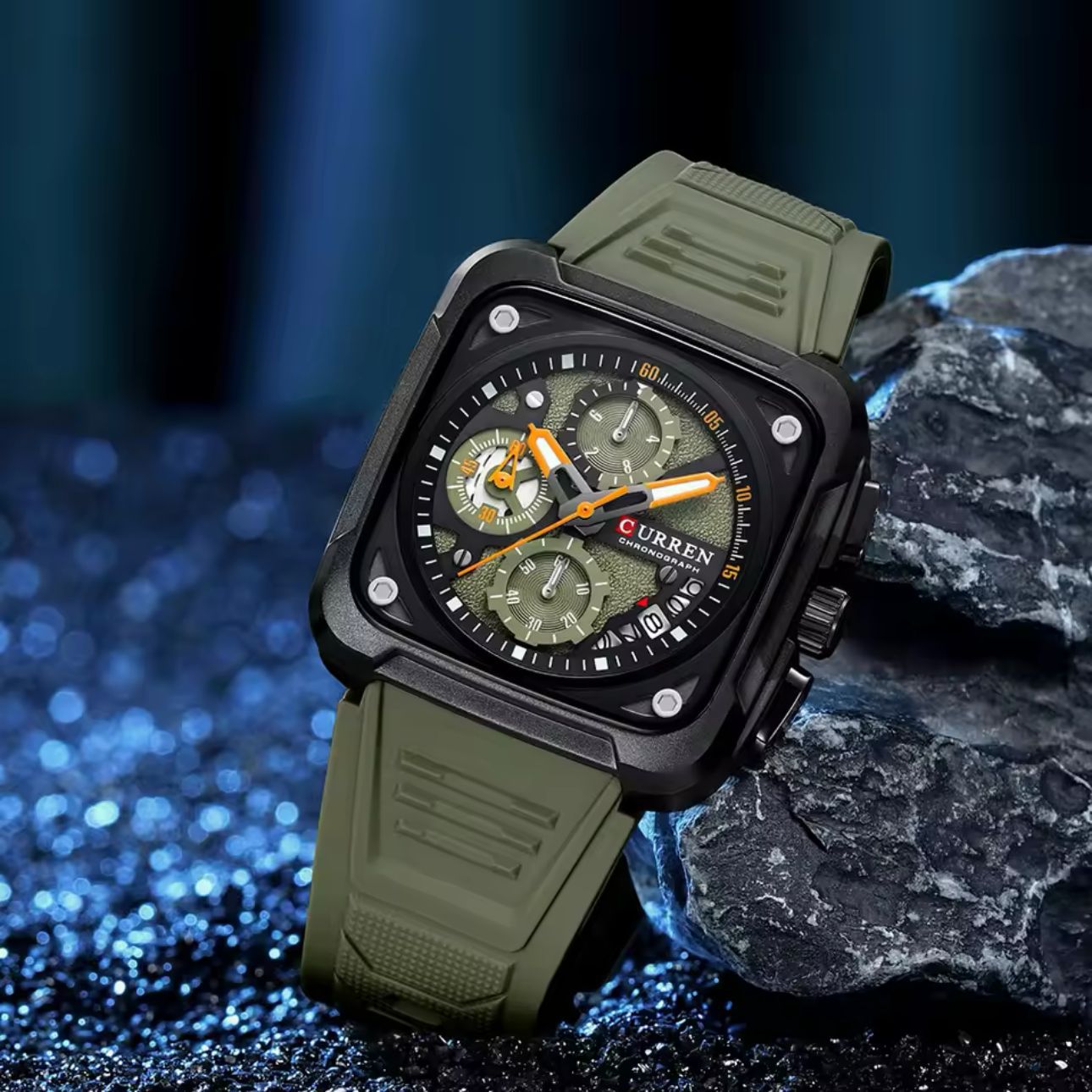 Curren Men's Waterproof Chronograph Watch with Silicone Strap, 8442 Men's Standard Stainless Steel Lobster Claw Clasp Square Quartz Watches Mens Luminous Fashion Sports Stainless Steel Wristwatch