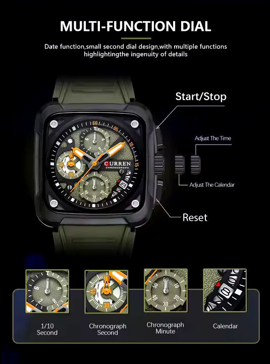 Curren Men's Waterproof Chronograph Watch with Silicone Strap, 8442 Men's Standard Stainless Steel Lobster Claw Clasp Square Quartz Watches Mens Luminous Fashion Sports Stainless Steel Wristwatch