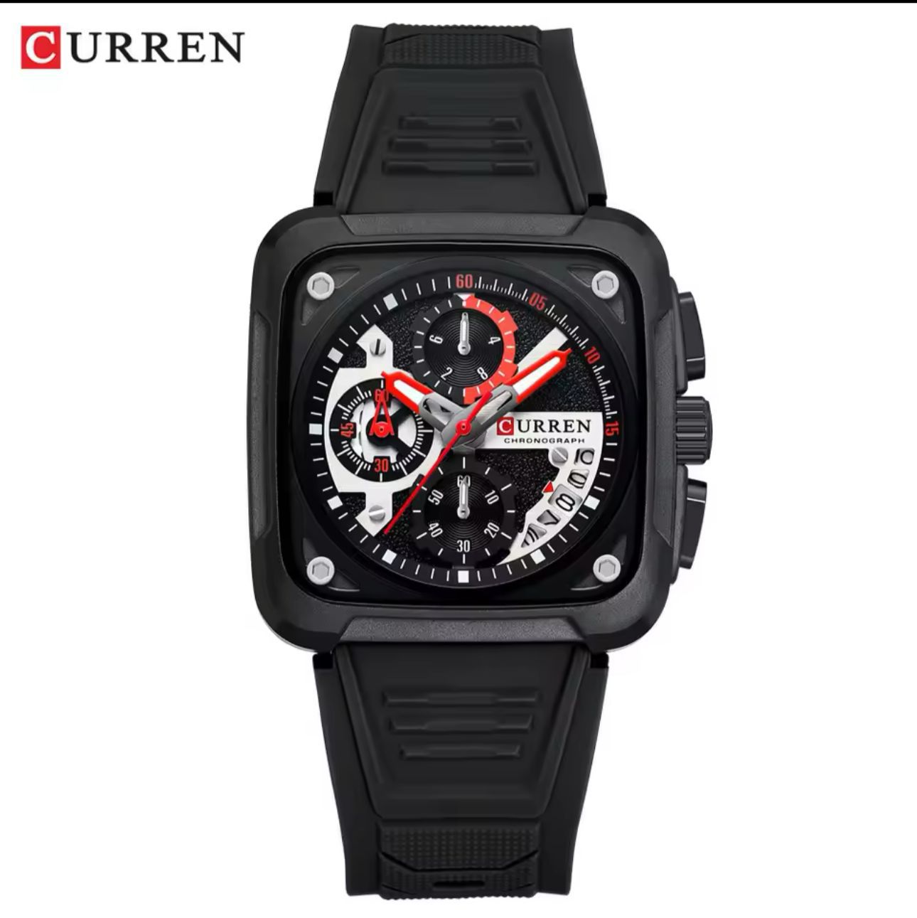 Curren Men's Waterproof Chronograph Watch with Silicone Strap, 8442 Men's Standard Stainless Steel Lobster Claw Clasp Square Quartz Watches Mens Luminous Fashion Sports Stainless Steel Wristwatch