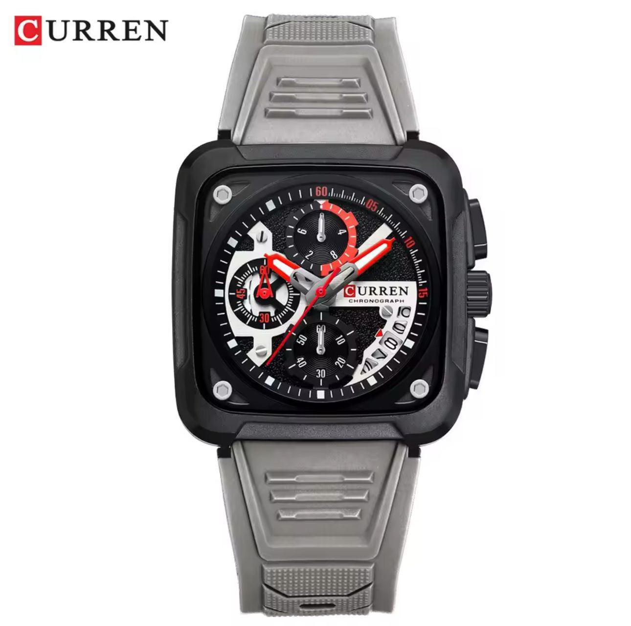 Curren Men's Waterproof Chronograph Watch with Silicone Strap, 8442 Men's Standard Stainless Steel Lobster Claw Clasp Square Quartz Watches Mens Luminous Fashion Sports Stainless Steel Wristwatch