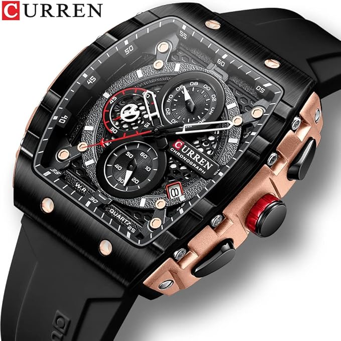 Curren Men's Waterproof Chronograph Watch with Silicone Strap, 8442 Men's Standard Stainless Steel Lobster Claw Clasp Square Quartz Watches Mens Luminous Fashion Sports Stainless Steel Wristwatch