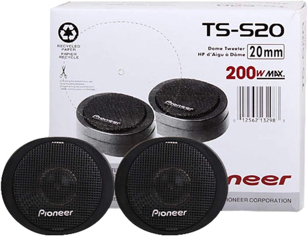 Pioneer TS-S20 200W High Power Car Tweeter Speaker System – 3/4'' Dome, Super Clear Sound, 20mm Mini Metal Dome Tweeters, Black, Universal Fit for Car Audio Upgrade, Crisp Treble, Durable Design
