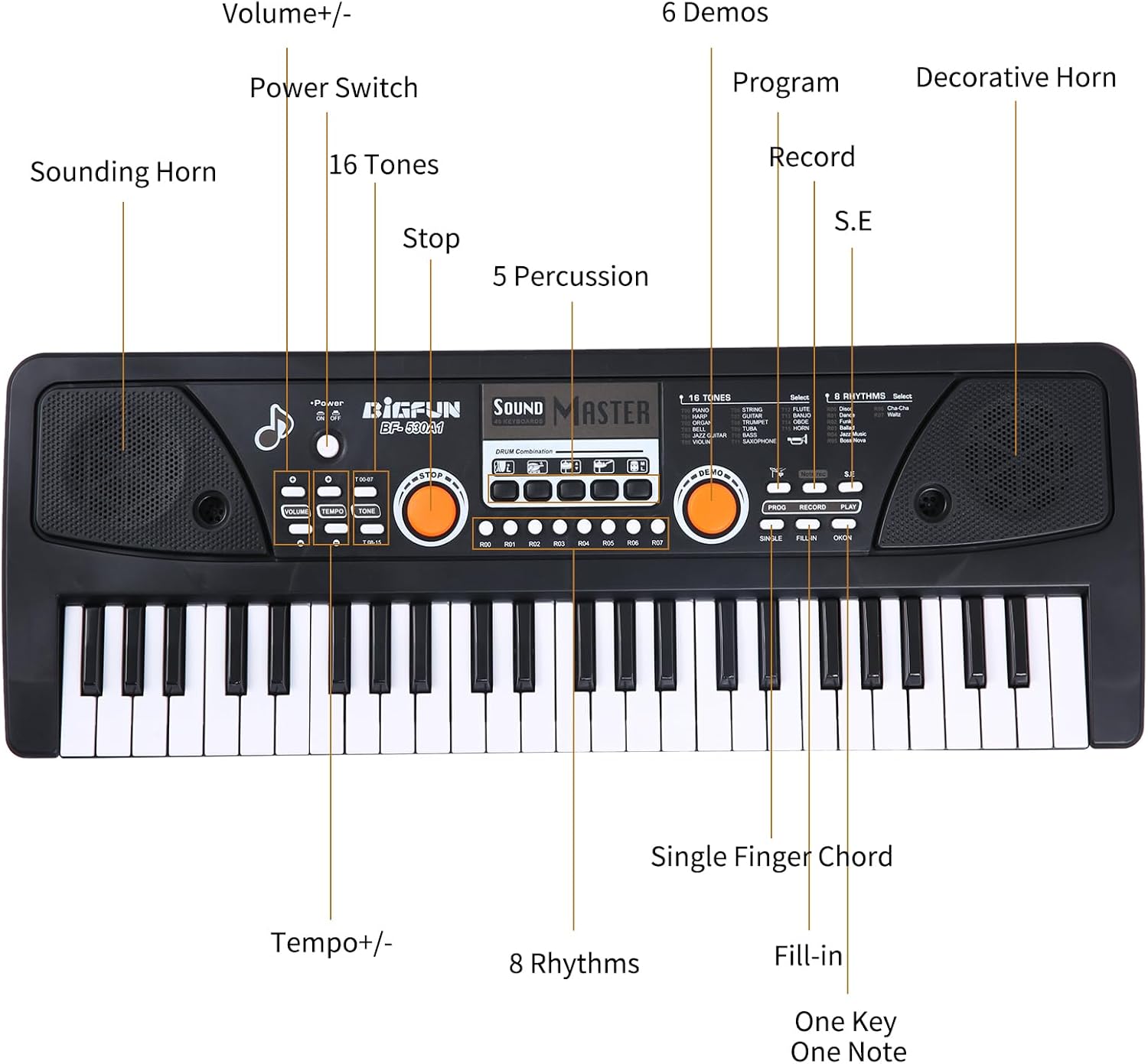 49 Keys USB Electronic Organ Electric Piano with Microphone Black Digital Music Electronic Keyboard Built-in Stereo Speakers with 16 Tones 8 Rhythms 6 Demo Songs Lightweight and Portable