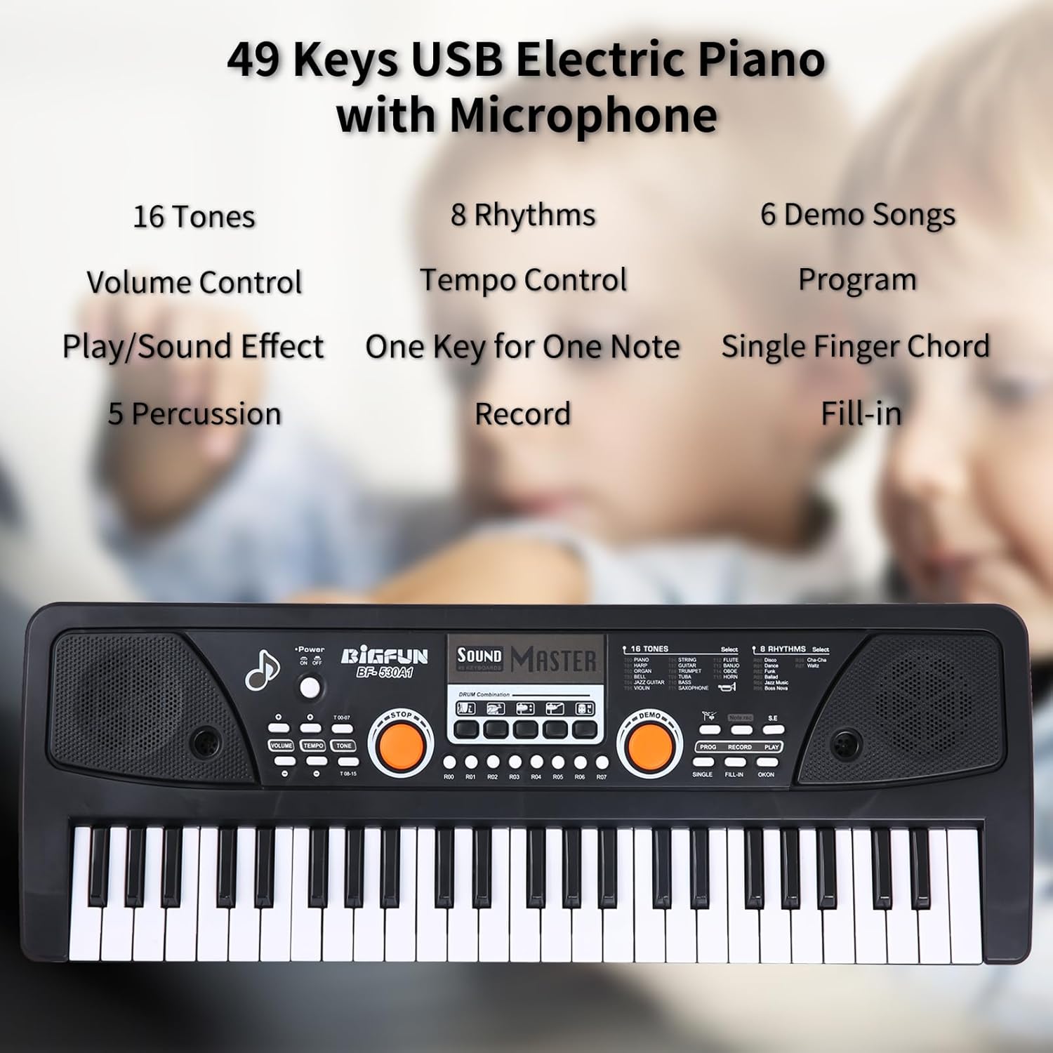 49 Keys USB Electronic Organ Electric Piano with Microphone Black Digital Music Electronic Keyboard Built-in Stereo Speakers with 16 Tones 8 Rhythms 6 Demo Songs Lightweight and Portable