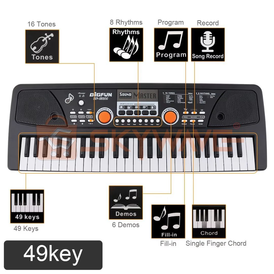 49 Keys USB Electronic Organ Electric Piano with Microphone Black Digital Music Electronic Keyboard Built-in Stereo Speakers with 16 Tones 8 Rhythms 6 Demo Songs Lightweight and Portable