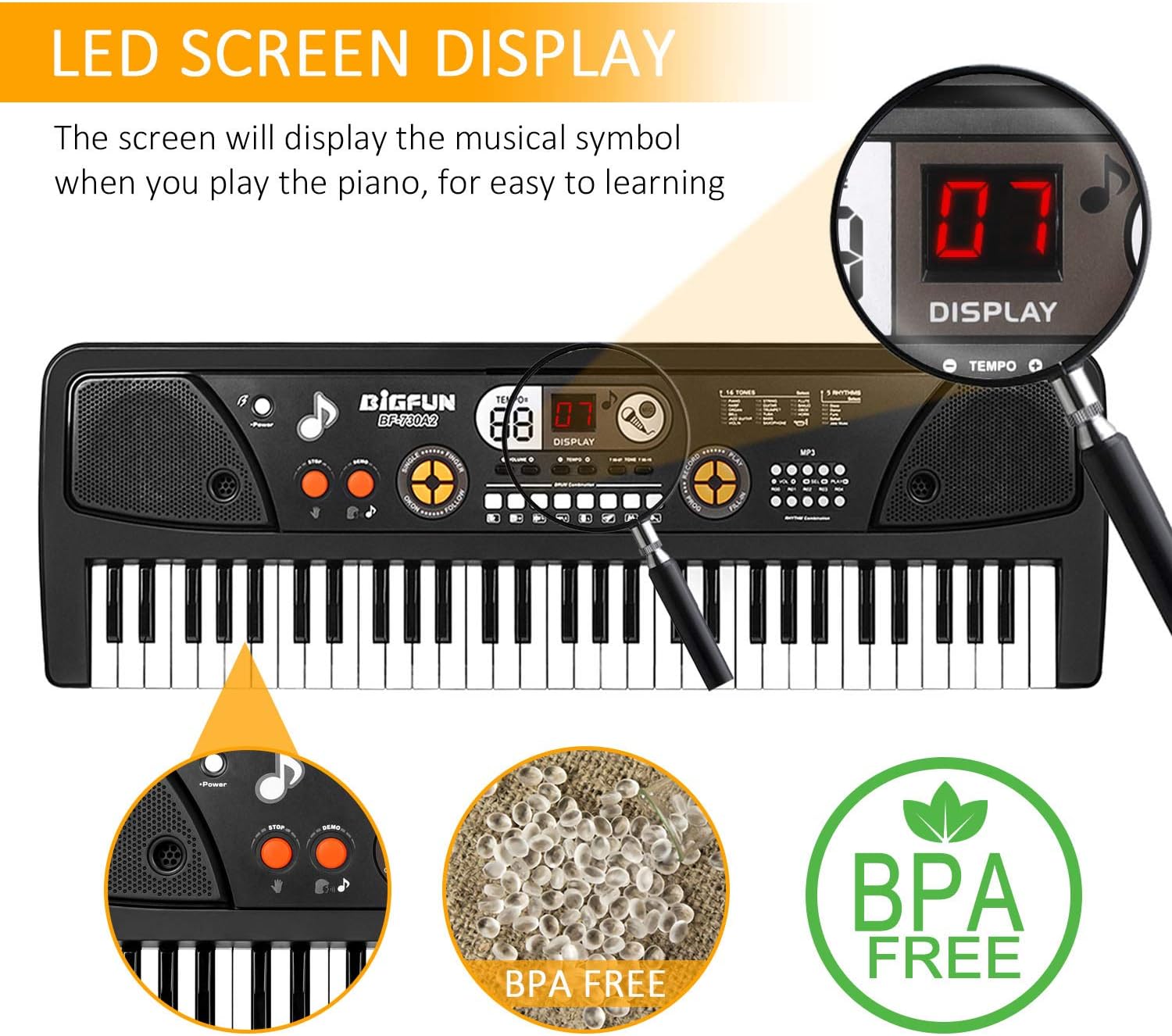 BIGFUN Piano for Kids with Microphone, Kids Piano Keyboard for Beginners Portable Electronic Keyboard with MP3 Function/ Led Display 61 Keys Musical Piano Toys for Boys Girls Ages 3-12