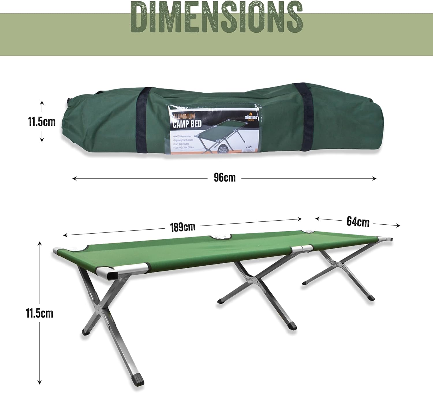 Foldable Camping Bed Folding Camping Bed/Lightweight & Portable/Aluminium Frame & 60 OD Polyester Fabric/Carry Bag Included/Camping, Festivals, Fishing