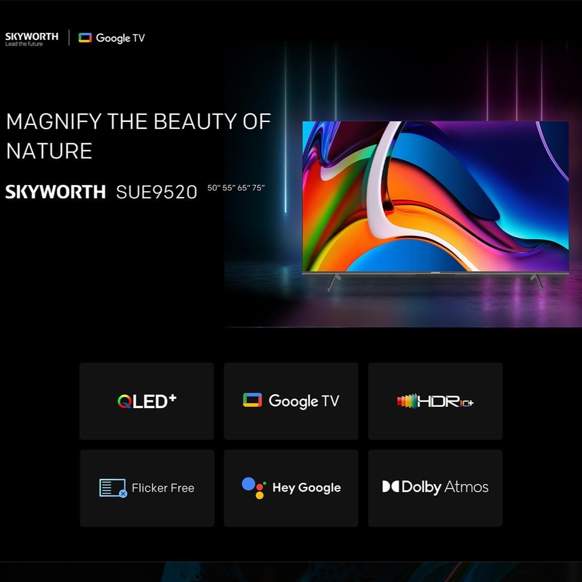 Skyworth 55 Inch 4K QLED HDR UHD SMART Google TV - 55G3B - Tv 55 Inches Netflix, Prime Video, Disney, YouTube, HDR, Dolby Vision, HDR10+ 16GB internal Storage