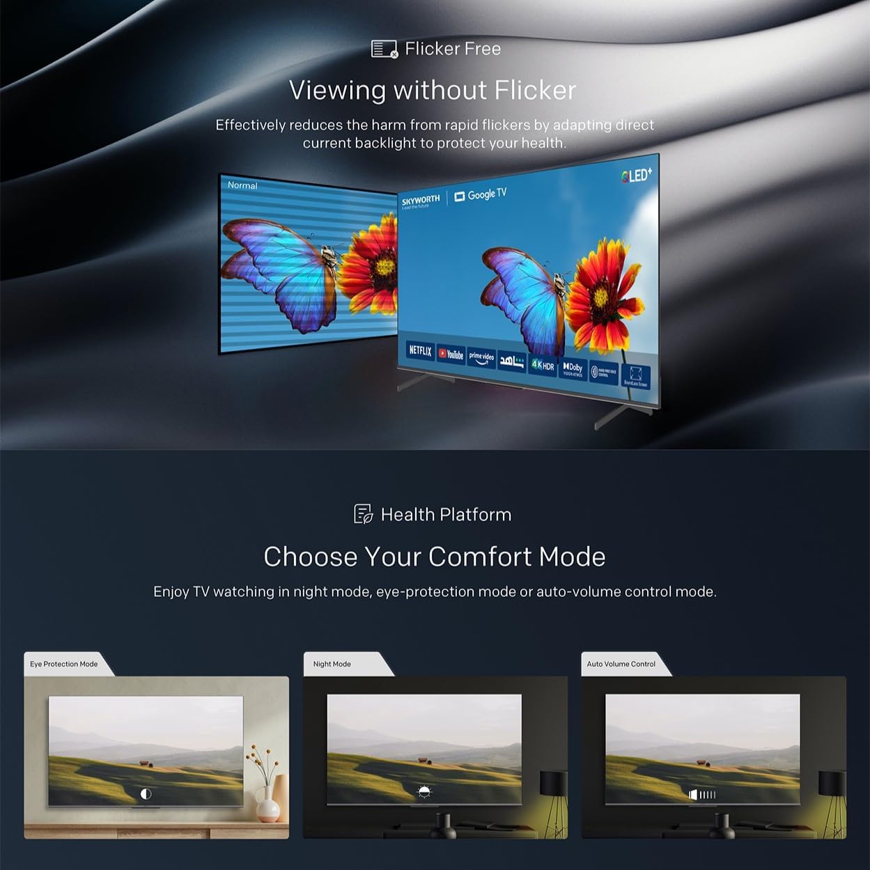 Skyworth 55 Inch 4K QLED HDR UHD SMART Google TV - 55G3B - Tv 55 Inches Netflix, Prime Video, Disney, YouTube, HDR, Dolby Vision, HDR10+ 16GB internal Storage