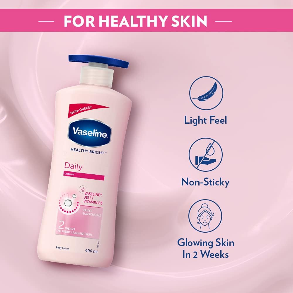 Vaseline Daily Brightening Even Tone Body Lotion for Glowing Skin, with Vitamin B3 & Triple Sunscreens 400ml For Radiant Looking Skin 2 Weeks Vaseline Body Lotion 400ml